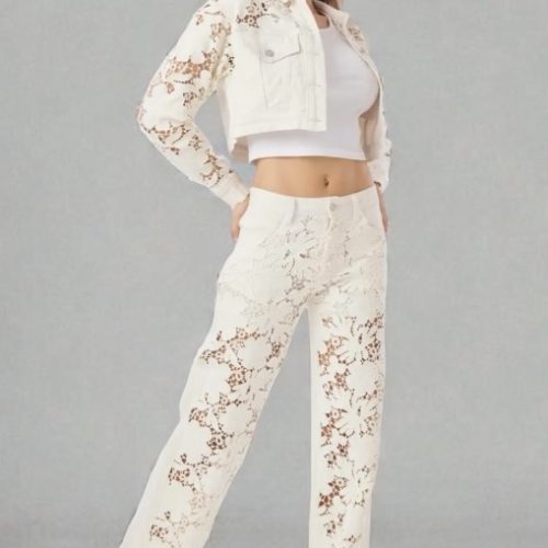 jeans jasje met lace beige kort