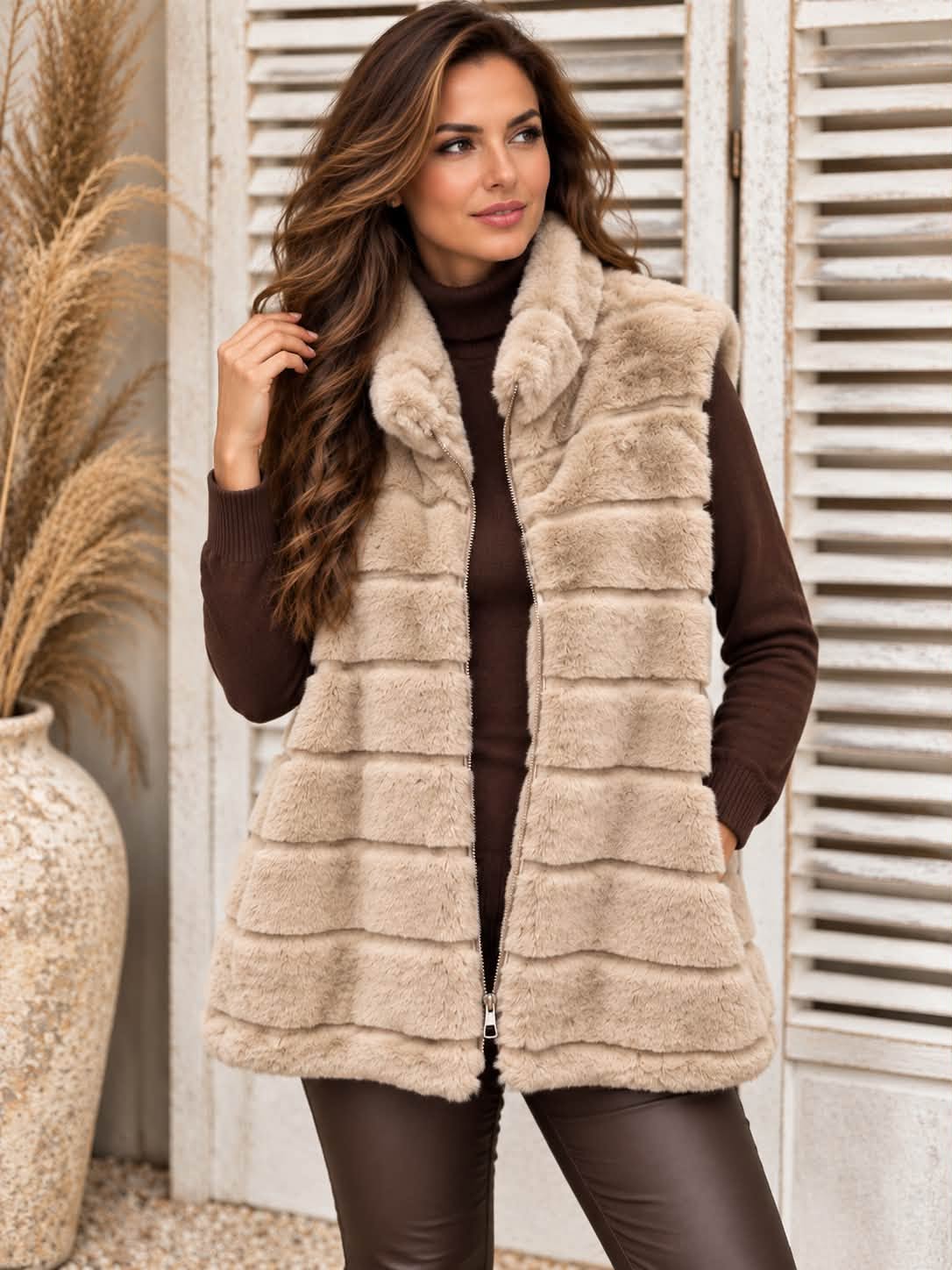 Faux fur gilet taupe