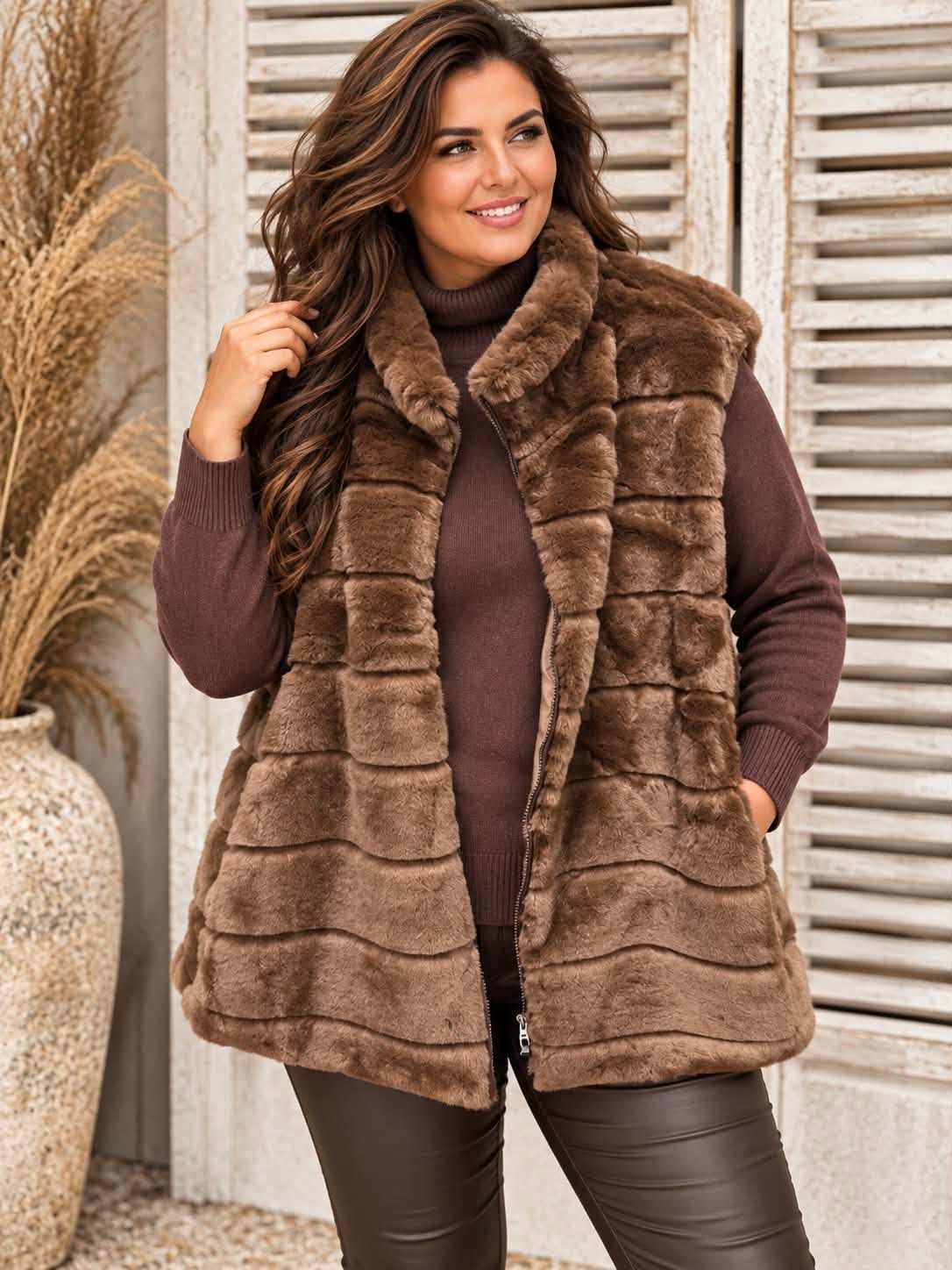 Faux fur gilet donkerbruin